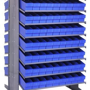 The Quantum Pick Rack is a freestanding, double-sided shelving unit with 16 shelves and 144 blue QED604 bins. Sized at 36L x 36W x 60H, it holds up to 800 lbs and is ideal for organizing small parts.