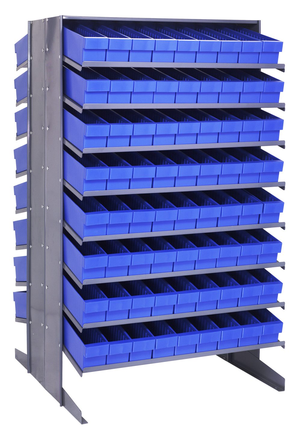 Double-sided sloped pick rack loaded with blue open-front shelf bins on both faces