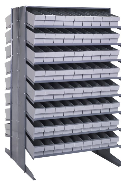 The Quantum Pick Rack, a double-sided metal storage unit, offers an 800 lbs. capacity with 16 shelves holding 144 Qed604 gray bins. Its sleek design and industrial appeal fit neatly in a compact 36L x 36W x 60H frame, perfect for organizing small items efficiently.