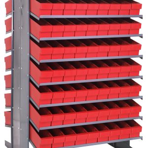 The Quantum Pick Rack is a double-sided shelving unit, 36 x 36 x 60, with an 800 lbs. capacity and 16 shelves. It includes 144 Qed604 red bins for organizing small items across multiple tiers, ideal for workshops or garages.