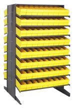 The Quantum Pick Rack is a large, gray metal shelving unit with a sloped, double-sided design measuring 36L x 36W x 60H. It features a sturdy base, holds up to 800 lbs., and includes (16) shelves with (144) bright yellow QED604 bins for efficient storage and organization.