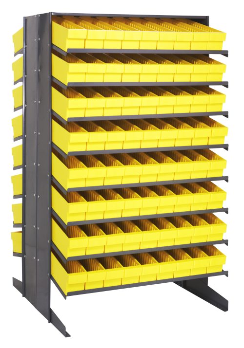 The Quantum Pick Rack is a large, gray metal shelving unit with a sloped, double-sided design measuring 36L x 36W x 60H. It features a sturdy base, holds up to 800 lbs., and includes (16) shelves with (144) bright yellow QED604 bins for efficient storage and organization.