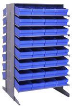 The Quantum Pick Rack, with a sloped double-sided design and 16-shelf configuration, measures 36L x 36W x 60H. It holds up to 800 lbs and includes 64 open-top Qed606 blue bins for organizing small items easily.