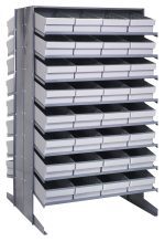 The Quantum Pick Rack is a freestanding, double-sided unit with sloped, 16-shelf configuration measuring 36L x 36W x 60H. It includes 64 Qed606 gray bins for organized storage and easy access to small items, supporting up to 800 lbs.