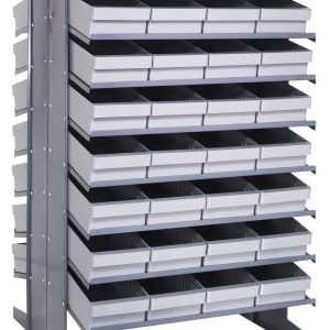 The Quantum Pick Rack is a freestanding, double-sided unit with sloped, 16-shelf configuration measuring 36L x 36W x 60H. It includes 64 Qed606 gray bins for organized storage and easy access to small items, supporting up to 800 lbs.