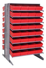 The Quantum Pick Rack is a double-sided, sloped shelving unit measuring 36L x 36W x 60H with an 800 lbs capacity. It features 16 shelves and includes 64 Qed606 red bins for organizing small parts or tools, contrasting vibrantly against its metallic frame for functional storage.
