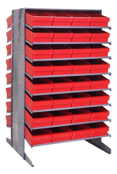 The Quantum Pick Rack is a double-sided, sloped shelving unit measuring 36L x 36W x 60H with an 800 lbs capacity. It features 16 shelves and includes 64 Qed606 red bins for organizing small parts or tools, contrasting vibrantly against its metallic frame for functional storage.