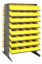 The Quantum Pick Rack features a double-sided, sloped design measuring 36L x 36W x 60H, with a capacity of 800 lbs. It includes 16 shelves and comes with 64 QED606 yellow plastic bins for efficient organization and easy access to small items on both sides.
