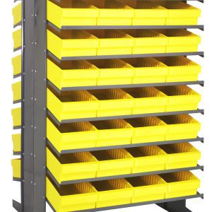 The Quantum Pick Rack features a double-sided, sloped design measuring 36L x 36W x 60H, with a capacity of 800 lbs. It includes 16 shelves and comes with 64 QED606 yellow plastic bins for efficient organization and easy access to small items on both sides.