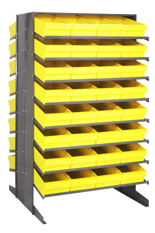 The Quantum Pick Rack features a double-sided, sloped design measuring 36L x 36W x 60H, with a capacity of 800 lbs. It includes 16 shelves and comes with 64 QED606 yellow plastic bins for efficient organization and easy access to small items on both sides.
