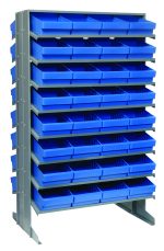 The Quantum Pick Rack is a double-sided, sloped storage unit measuring 24L x 36W x 60H, with 16 shelves and a capacity of 800 lbs. It includes 64 blue Qed701 bins for neatly organizing small items.