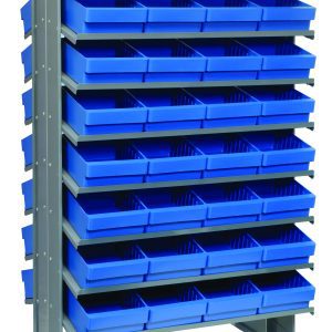 The Quantum Pick Rack is a double-sided, sloped storage unit measuring 24L x 36W x 60H, with 16 shelves and a capacity of 800 lbs. It includes 64 blue Qed701 bins for neatly organizing small items.