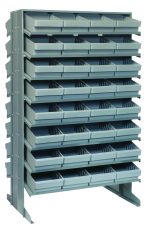 The Quantum Pick Rack is a double-sided, gray metal shelving unit designed for storage with an 800 lbs. capacity. It measures 24L x 36W x 60H, featuring 16 sloped shelves with dividers and including 64 QED701 gray bins for efficient organization and easy access to contents.