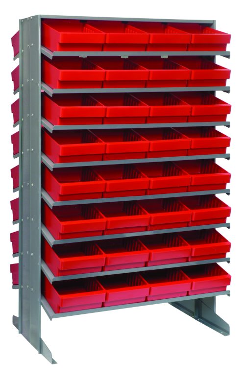 QPRD-701_RD.jpg The Quantum Pick Rack is a double-sided, sloped organizer with a 24L x 36W x 60H design, offering easy accessibility. It features 16 shelves and holds 64 Qed701 red bins for efficient organization, with an impressive capacity of up to 800 lbs.