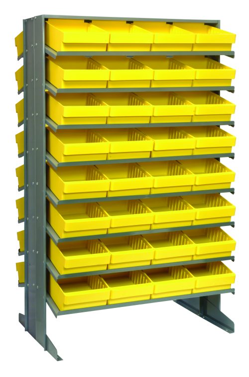 The Quantum Pick Rack is a double-sided, freestanding shelving unit measuring 24L x 36W x 60H, featuring a robust metallic frame with an 800 lbs. capacity. It includes 16 shelves and comes with 64 Qed701 yellow plastic bins for efficient small item organization.