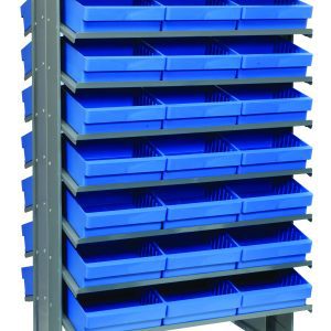 The Quantum Pick Rack is a freestanding, double-sided unit with sloped shelves. It measures 24L x 36W x 60H and holds up to 800 lbs. The rack includes 16 shelves and comes with neatly arranged (48) QED801 blue bins for organized storage.