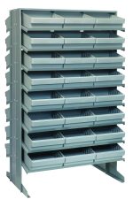 The Quantum Pick Rack is a sloped, double-sided metal storage solution measuring 24L x 36W x 60H with an 800 lbs. capacity. It features a robust design with 16 shelves and includes 48 gray QED801 bins, ideal for organizing small parts in workshops or industrial spaces.