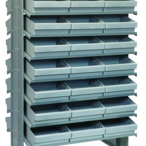 The Quantum Pick Rack is a sloped, double-sided metal storage solution measuring 24L x 36W x 60H with an 800 lbs. capacity. It features a robust design with 16 shelves and includes 48 gray QED801 bins, ideal for organizing small parts in workshops or industrial spaces.