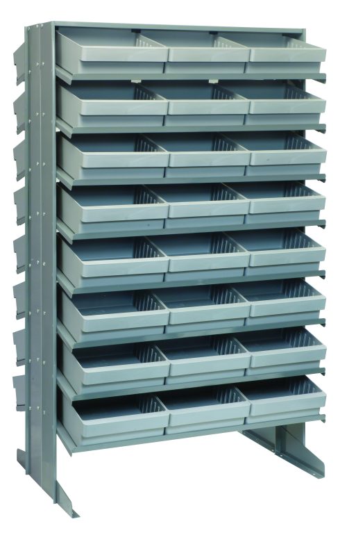 The Quantum Pick Rack is a sloped, double-sided metal storage solution measuring 24L x 36W x 60H with an 800 lbs. capacity. It features a robust design with 16 shelves and includes 48 gray QED801 bins, ideal for organizing small parts in workshops or industrial spaces.