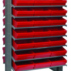 The Quantum Pick Rack features a double-sided, sloped design with 16 shelves and includes 48 red QED801 bins. Measuring 24L x 36W x 60H, its sturdy construction and durable legs support up to 800 lbs., ideal for organizing and storing various items.