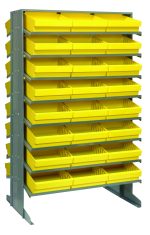 The Quantum Pick Rack has a sloped double-sided design with 16 shelves and includes 48 yellow Qed801 bins on sturdy metal shelves, offering an 800 lbs. capacity for efficiently sorting small parts or tools. Dimensions: 24L x 36W x 60H.