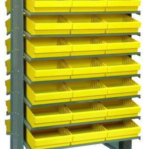 The Quantum Pick Rack has a sloped double-sided design with 16 shelves and includes 48 yellow Qed801 bins on sturdy metal shelves, offering an 800 lbs. capacity for efficiently sorting small parts or tools. Dimensions: 24L x 36W x 60H.