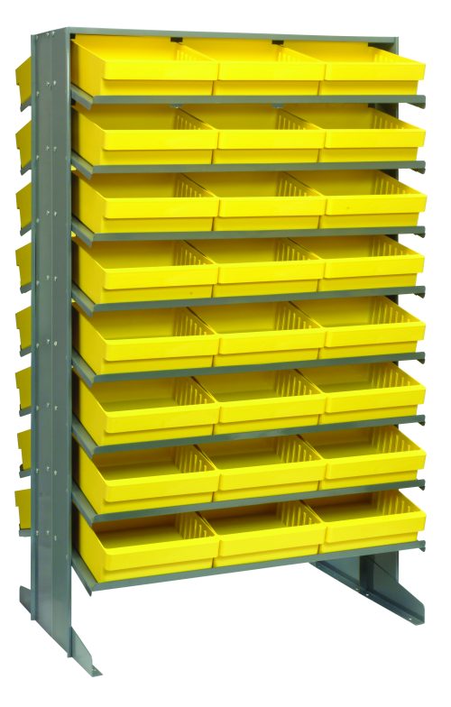 QPRD-801_YL.jpg The Quantum Pick Rack has a sloped double-sided design with 16 shelves and includes 48 yellow Qed801 bins on sturdy metal shelves, offering an 800 lbs. capacity for efficiently sorting small parts or tools. Dimensions: 24L x 36W x 60H.