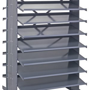 The Quantum Pick Rack is a sloped, double-sided metal shelving unit measuring 36L x 36W x 60H. With an 800 lbs. capacity and a configuration of 16 shelves, its ideal for organizing tools in workshops or garages, providing both accessibility and durability (bins not included).