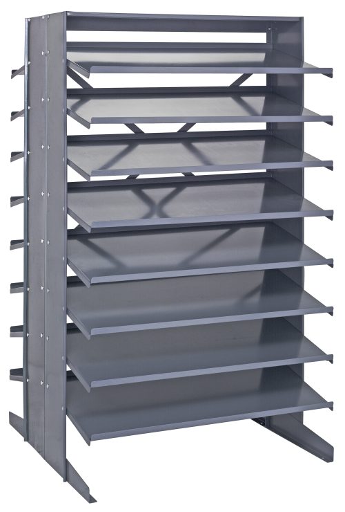 The Quantum Pick Rack is a sloped, double-sided metal shelving unit measuring 36L x 36W x 60H. With an 800 lbs. capacity and a configuration of 16 shelves, its ideal for organizing tools in workshops or garages, providing both accessibility and durability (bins not included).