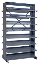The Quantum Pick Rack is a slopped, double-sided shelving unit with a 16-shelf design, 800 lbs. capacity, and adjustable side supports and cross-brace for stability. It measures 36L x 36W x 63-1/2H on a sleek white background (bins not included).