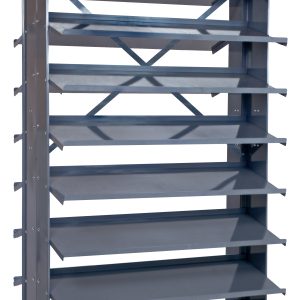 The Quantum Pick Rack is a slopped, double-sided shelving unit with a 16-shelf design, 800 lbs. capacity, and adjustable side supports and cross-brace for stability. It measures 36L x 36W x 63-1/2H on a sleek white background (bins not included).
