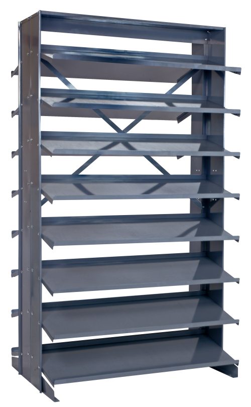 The Quantum Pick Rack is a slopped, double-sided shelving unit with a 16-shelf design, 800 lbs. capacity, and adjustable side supports and cross-brace for stability. It measures 36L x 36W x 63-1/2H on a sleek white background (bins not included).