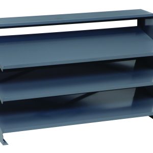 The Quantum Pick Rack is a dark gray, multi-tiered, sloped rack with a bench style design and 3-shelf configuration. Each shelf has a 250 lbs. capacity, perfect for organizing documents or supplies in offices or workshops. Bins are not included. Dimensions: 12-1/2L x 36W x 23H.