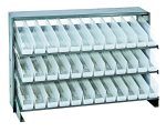 The Quantum Pick Rack is a bench-style metal storage rack with a 250 lbs. capacity, featuring three shelves (12-1/2L x 36W x 23H) and includes 36 Qsb100 clear bins that tilt forward for easy access through open tops.