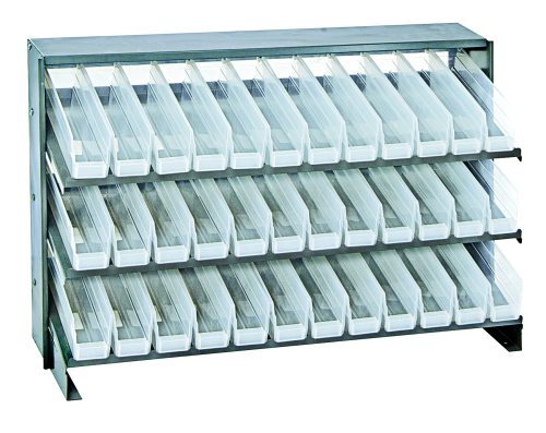 The Quantum Pick Rack is a bench-style metal storage rack with a 250 lbs. capacity, featuring three shelves (12-1/2L x 36W x 23H) and includes 36 Qsb100 clear bins that tilt forward for easy access through open tops.