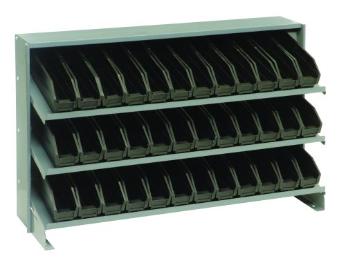 The Quantum Pick Rack is a compact, gray metal storage solution with a bench-style design featuring three sloped shelves and 36 QSB100 black bins for organizing files. It measures 12-1/2L x 36W x 23H and has a sturdy capacity of 250 lbs, making document access easy.