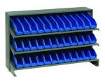 The Quantum Pick Rack features a sloped, bench-style design with three shelves and holds 36 QSB100 blue bins in a neat grid. It measures 12-1/2L x 36W x 23H, offering easy top access for tidy storage of up to 250 lbs.