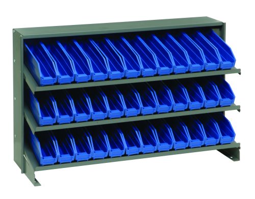 The Quantum Pick Rack features a sloped, bench-style design with three shelves and holds 36 QSB100 blue bins in a neat grid. It measures 12-1/2L x 36W x 23H, offering easy top access for tidy storage of up to 250 lbs.