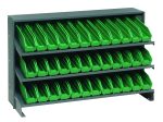 The Quantum Pick Rack is a bench-style, sloped unit measuring 12-1/2L x 36W x 23H with three shelves. It includes 36 uniform QSB100 green bins arranged with an open bottom and forward tilt for easy access, and it has a weight capacity of 250 lbs supported by two sturdy side panels.
