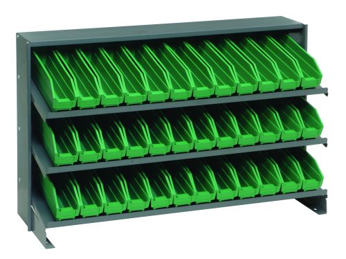 The Quantum Pick Rack is a bench-style, sloped unit measuring 12-1/2L x 36W x 23H with three shelves. It includes 36 uniform QSB100 green bins arranged with an open bottom and forward tilt for easy access, and it has a weight capacity of 250 lbs supported by two sturdy side panels.