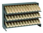 The Quantum Pick Rack is a slopped, bench-style storage solution with dimensions of 12.5L x 36W x 23H. It features three shelves and includes 36 QSB100 ivory bins, supporting up to 250 lbs., making it sturdy and compact for versatile storage needs.