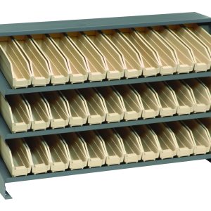 The Quantum Pick Rack is a slopped, bench-style storage solution with dimensions of 12.5L x 36W x 23H. It features three shelves and includes 36 QSB100 ivory bins, supporting up to 250 lbs., making it sturdy and compact for versatile storage needs.