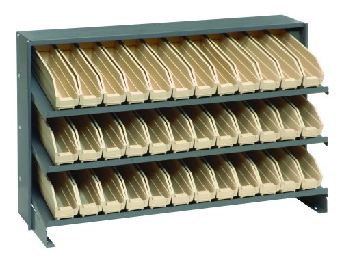 The Quantum Pick Rack is a slopped, bench-style storage solution with dimensions of 12.5L x 36W x 23H. It features three shelves and includes 36 QSB100 ivory bins, supporting up to 250 lbs., making it sturdy and compact for versatile storage needs.