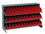 The Quantum Pick Rack, a sloped bench-style unit, measures 12-1/2L x 36W x 23H, has a 250 lbs. capacity, and includes three shelves with 36 QSB100 red bins, perfect for organizing small items in any workspace or garage.