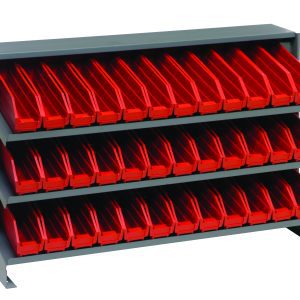 The Quantum Pick Rack, a sloped bench-style unit, measures 12-1/2L x 36W x 23H, has a 250 lbs. capacity, and includes three shelves with 36 QSB100 red bins, perfect for organizing small items in any workspace or garage.