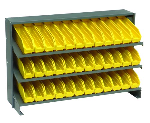 The Quantum Pick Rack, a bench-style unit with a gray frame, features three shelves and includes 36 uniform yellow bins. It measures 12-1/2L x 36W x 23H and efficiently organizes items with its meticulously arranged rows of plastic bins.