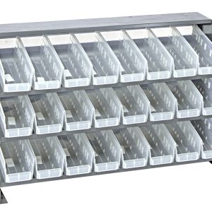 The Quantum Pick Rack is a bench-style storage rack with a 3-shelf configuration and dimensions of 12-1/2L x 36W x 23H. It holds 24 QSB101 clear bins, each sloped for easy access, and supports up to 250 lbs.