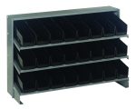 The Quantum Pick Rack is a bench-style, sloped storage unit with a 250 lbs. capacity, featuring three shelves and including 24 QSB101 black bins. It measures 12-1/2L x 36W x 23H and offers an industrial design ideal for organizing small items in workshops or garages.