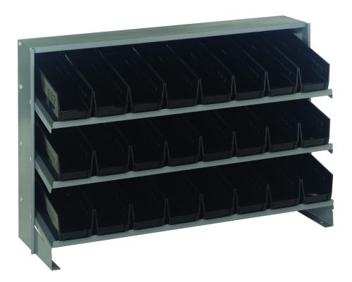 The Quantum Pick Rack is a bench-style, sloped storage unit with a 250 lbs. capacity, featuring three shelves and including 24 QSB101 black bins. It measures 12-1/2L x 36W x 23H and offers an industrial design ideal for organizing small items in workshops or garages.
