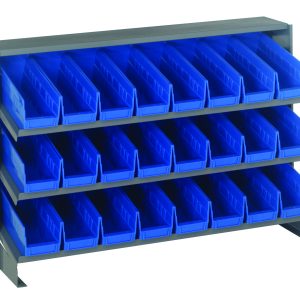 The Quantum Pick Rack, featuring a sloped bench style design, measures 12.5L x 36W x 23H and offers three shelves with a total capacity of 250 lbs. It includes 24 Qsb101 blue bins for easy front access, set against a plain white background.